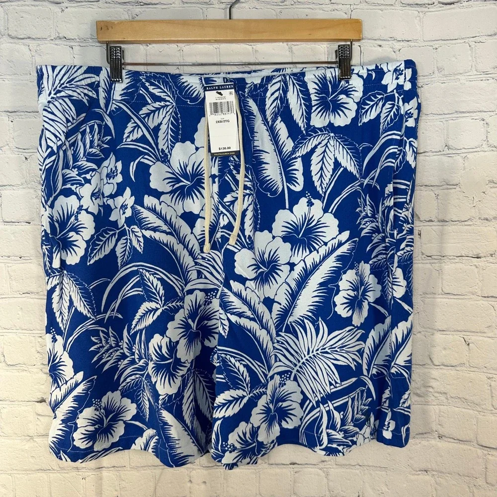 NEW Polo Ralph Lauren Mens Blue White Hibiscus Tropical Knit Shorts 2XB NWT
